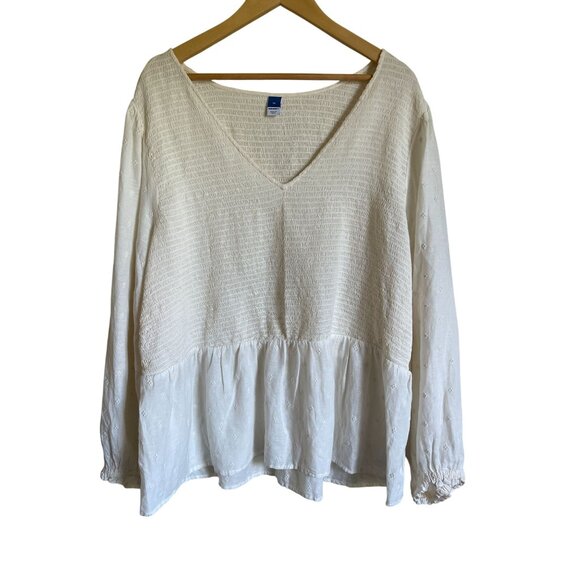 Old Navy Size 3X Smocked Peasant Top Long Balloon Sleeve Ivory Cream V-Neck - Picture 1 of 6
